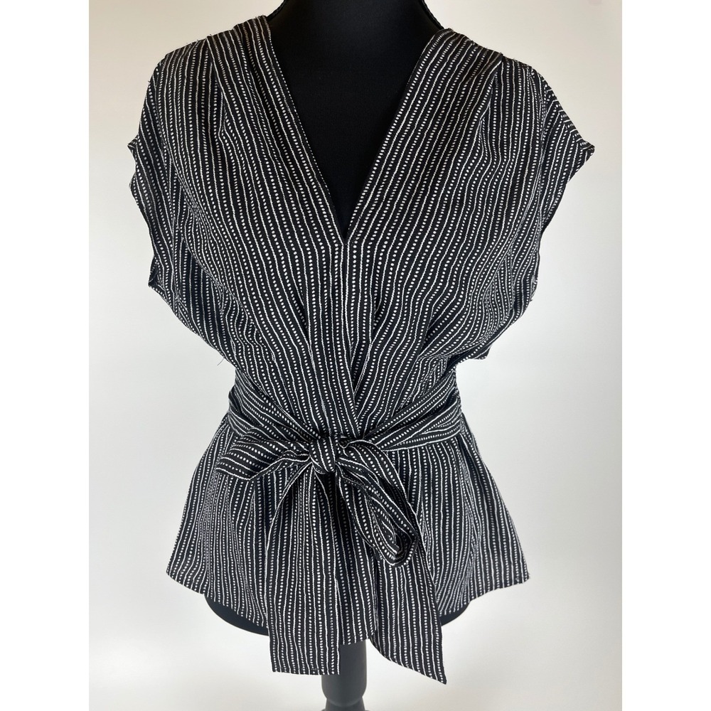 Max Studio Womens Black White Dotted Stripe Tie Waist V-Neck Blouse Sz S/M